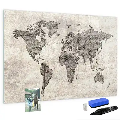 Magnetic marker board world map made from newspapers