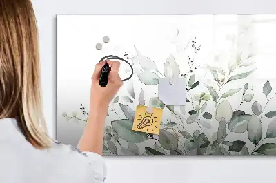 Magnetic glass dry erase board with plant leaves print