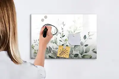 Magnetic glass dry erase board with plant leaves print