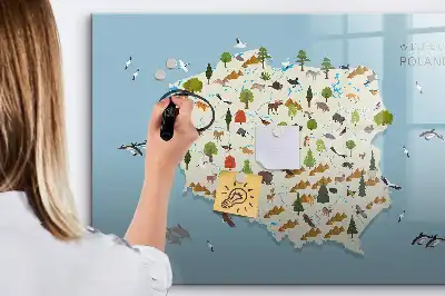 Magnetic glass dry erase board featuring a map of Poland with animal illustrations