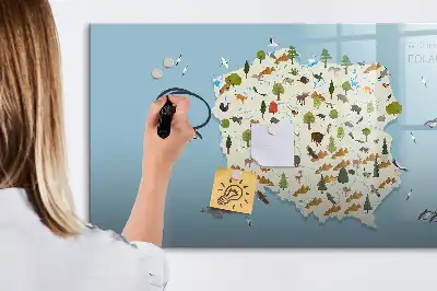 Magnetic glass dry erase board featuring a map of Poland with animal illustrations
