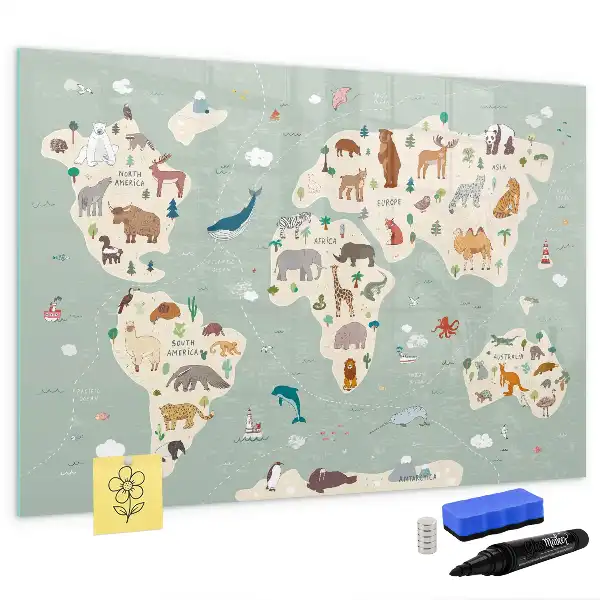 Magnetic glass dry erase board animal world map design