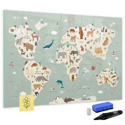 Magnetic glass dry erase board animal world map design