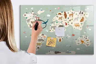 Magnetic glass dry erase board animal world map design