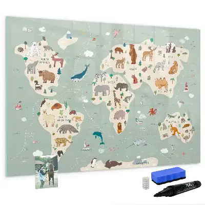 Magnetic glass dry erase board animal world map design