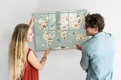 Magnetic glass dry erase board animal world map design