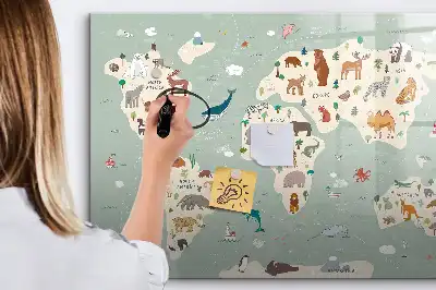 Magnetic glass dry erase board animal world map design