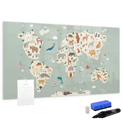 Magnetic glass dry erase board animal world map design