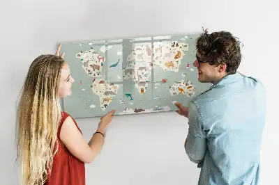 Magnetic glass dry erase board animal world map design