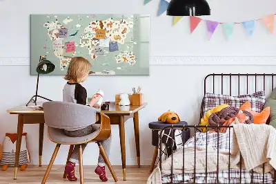 Magnetic glass dry erase board animal world map design