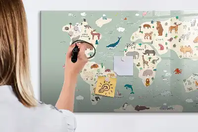 Magnetic glass dry erase board animal world map design