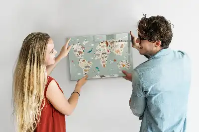 Magnetic glass dry erase board animal world map design