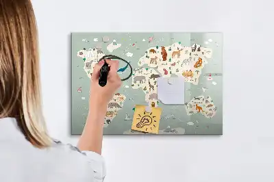 Magnetic glass dry erase board animal world map design