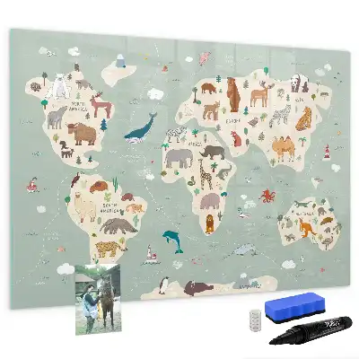 Magnetic glass dry erase board animal world map design