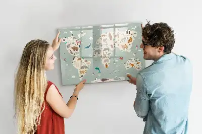 Magnetic glass dry erase board animal world map design