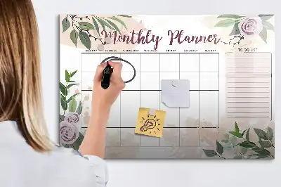 Magnetic glass dry erase board with roses planner design