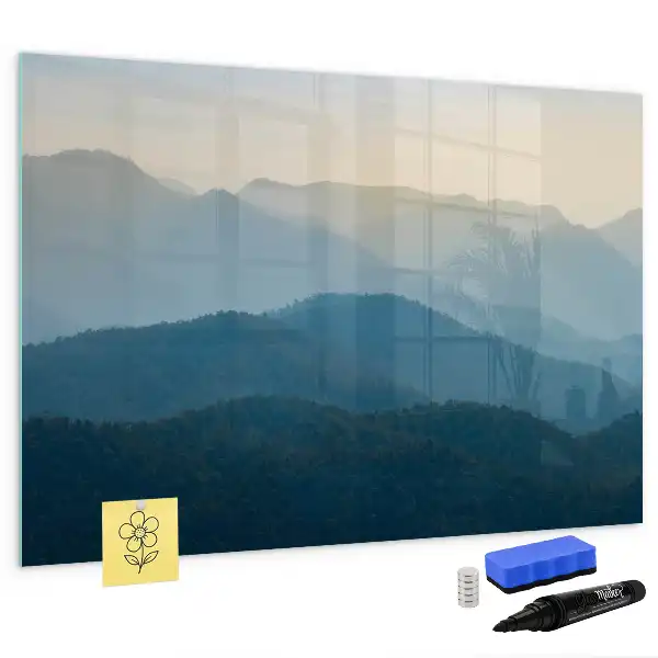 Magnetic glass dry erase board with landscape abstraction design