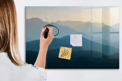 Magnetic glass dry erase board with landscape abstraction design