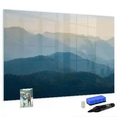 Magnetic glass dry erase board with landscape abstraction design