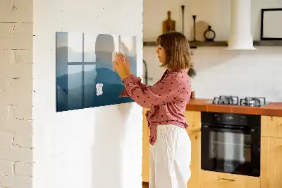 Magnetic glass dry erase board with landscape abstraction design