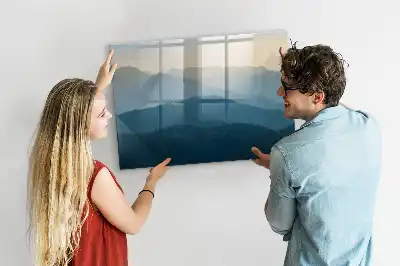 Magnetic glass dry erase board with landscape abstraction design