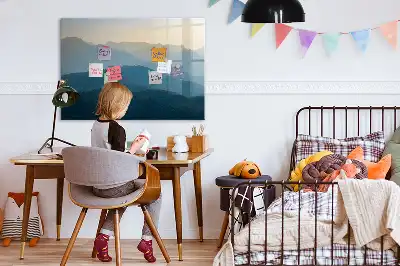 Magnetic glass dry erase board with landscape abstraction design
