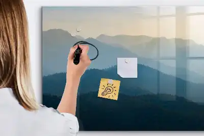 Magnetic glass dry erase board with landscape abstraction design
