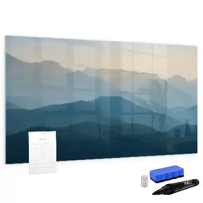 Magnetic glass dry erase board with landscape abstraction design
