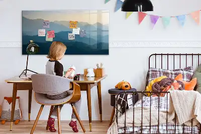 Magnetic glass dry erase board with landscape abstraction design