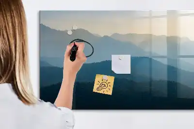 Magnetic glass dry erase board with landscape abstraction design