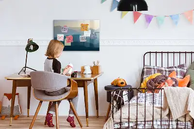 Magnetic glass dry erase board with landscape abstraction design