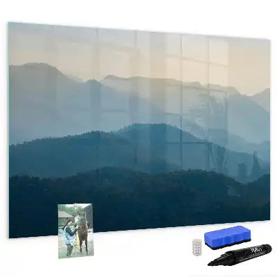 Magnetic glass dry erase board with landscape abstraction design