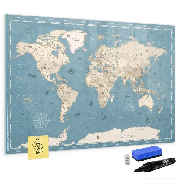 Magnetic marker board vintage world map design