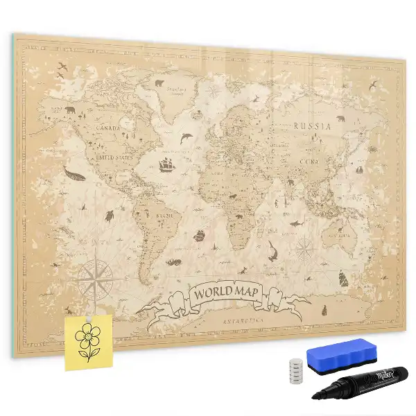 Magnetic glass dry erase board with vintage world map design