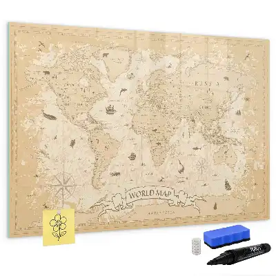 Magnetic glass dry erase board with vintage world map design