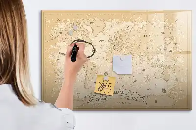 Magnetic glass dry erase board with vintage world map design