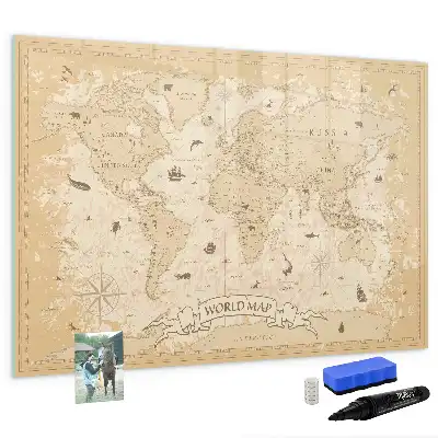 Magnetic glass dry erase board with vintage world map design