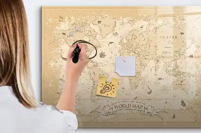 Magnetic glass dry erase board with vintage world map design