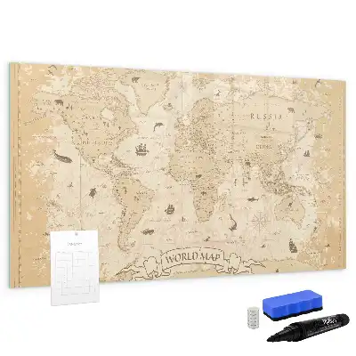 Magnetic glass dry erase board with vintage world map design