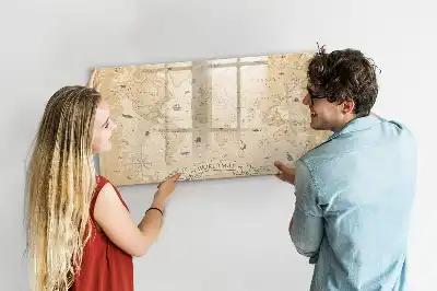 Magnetic glass dry erase board with vintage world map design