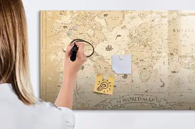 Magnetic glass dry erase board with vintage world map design