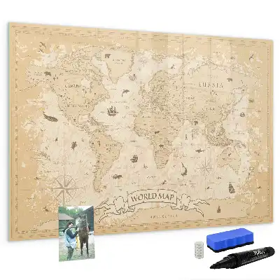 Magnetic glass dry erase board with vintage world map design