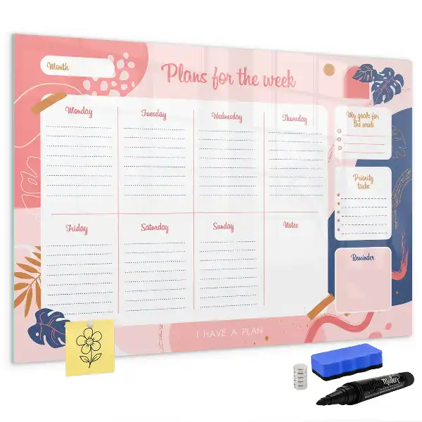 Magnetic glass weekly planner board dry erase surface