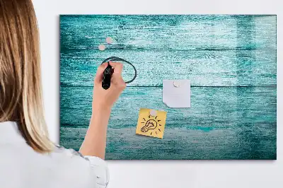 Magnetic glass dry erase board in old blue wood finish