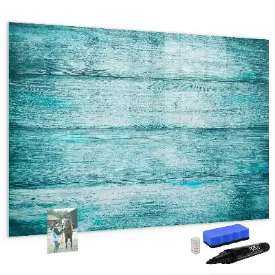 Magnetic glass dry erase board in old blue wood finish