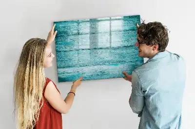 Magnetic glass dry erase board in old blue wood finish