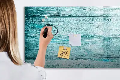 Magnetic glass dry erase board in old blue wood finish