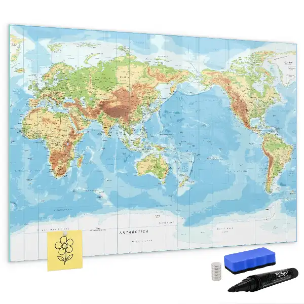 Magnetic glass dry erase board physical world map design