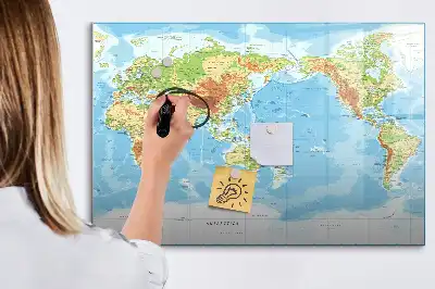 Magnetic glass dry erase board physical world map design
