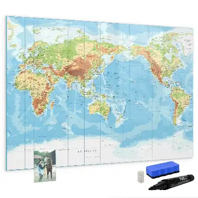 Magnetic glass dry erase board physical world map design